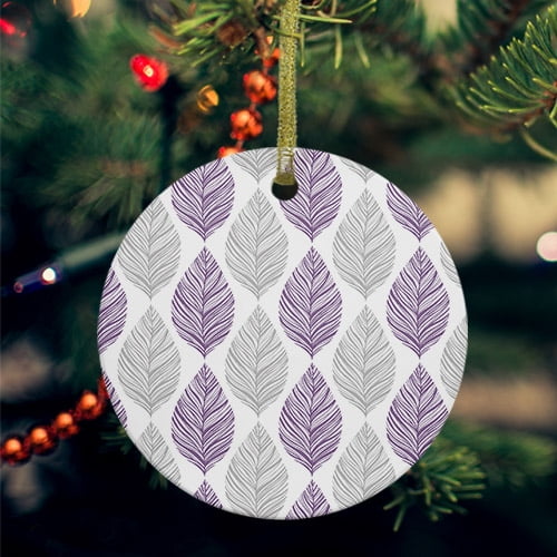 Purple Gray Leaves Ceramic Ornaments, Summer Tropical Plant Aesthetics Round Porcelain Hanging Ornaments with Gold String, Xmas Decorations Keepsake Gifts for Holiday Home Party 3''