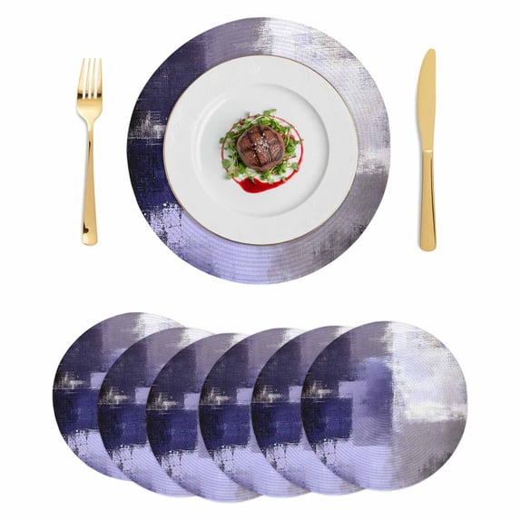 Purple Gray Round 15 Inch Placemats Set of 6, Modern Oil Painted Art Abstract Geometric HeatResistant Non Slip Place Mats for Dining Table, Wipeable Braided Kitchen Table Mats for Housewarming
