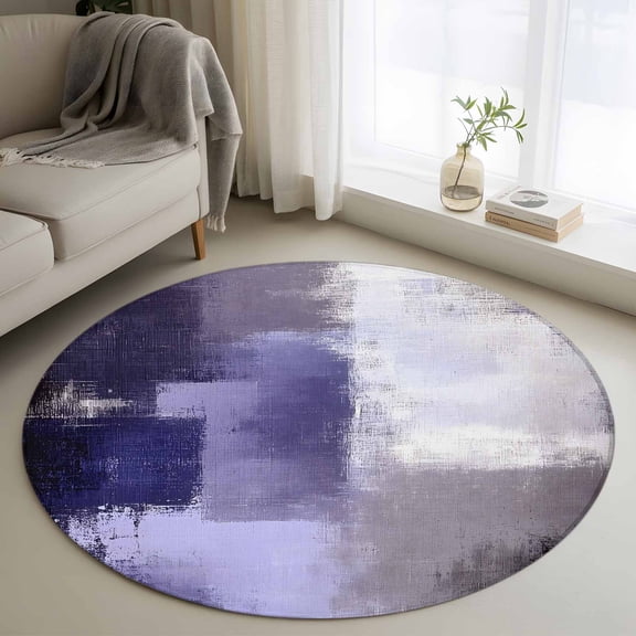Purple Gray Round Area Rug 3 FT, Small Kitchen Bathroom Mats, Modern Oil Painted Art Abstract Geometric Washable Indoor Outdoor Throw Runner Carpet Non-Shedding Doormat for Table Shower Sofa Entryway