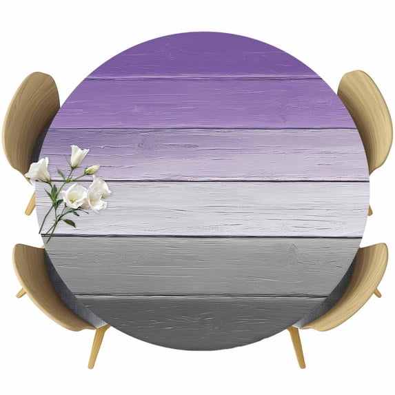 Purple Gray Round Tablecloth, Fitted Table Cover with Elastic for 36"-44" Round Tables, Vintage Rustic Abstract Striped Wooden Grain Table Cloth Outdoor Indoor Dinning Party Waterproof Tablecloths