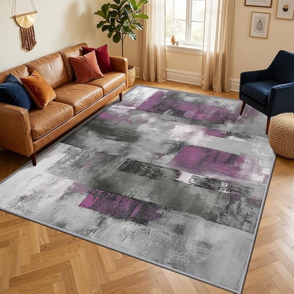 Purple and Gray Rugs for Bedroom Washable Non-Slip Purple Abstract Area Rug, Art Deco Carpet for Bedside, Kitchen, Modern Contemporary Home Decor & Gifts 1x2ft