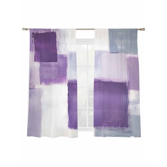 Purple Gray Sheer Curtains for Living Room Bedroom, Light-filtering Sheer Curtain, Abstract Art Graffiti Mottled Color Block Modern Rod Pocket Voile Window Treatment Drapes, 52’’Wx63’’L, 2 Panels Set