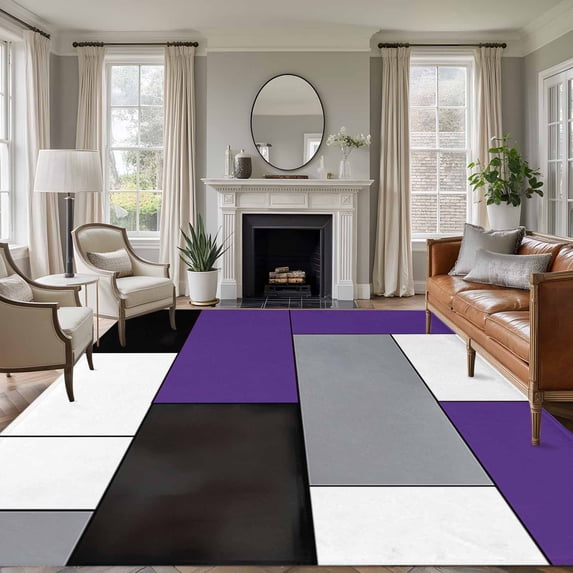 Purple Gray Washable Living Room Rugs 5'x7', Abstract Color Block Low Pile Throw Large Area Rugs Non-Slip Sturdy Edge Binding Carpet for Dining Room Bedside Kitchen