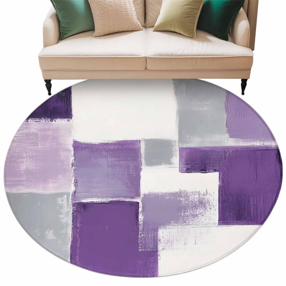 Purple Gray White Large Area Rugs for Bedroom Living Room, Soft Non Slip Carpet Bedside Rug, Abstract Modern Graffiti Smear Art Round Floor Cover Kitchen Accent Rug 5' for Dining Room/Office