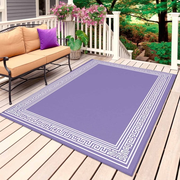 Purple Greek Key Outdoor Rug for Patio/Deck/Porch, Non-Slip Large Area Rug 3 x 5 Ft, Geometric Greece Ancient Farmhouse Geo Indoor Outdoor Rugs Washable Area Rugs, Camping Rug Carpet Runner