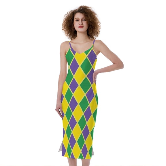 Purple Green And Yellow Mardi Gras Print Slim Fit Midi Cami Dress, Mardi Gras Fashion Summer Maxi Sexy Casual Dress For Women