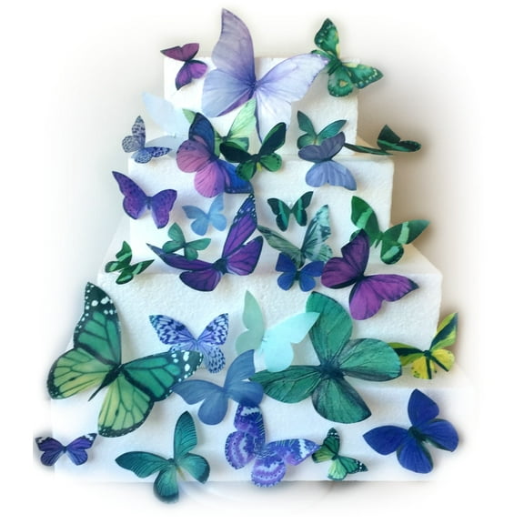 Purple Green Assorted Sizes Wafer Paper Butterflies for Decorating Desserts Cupcakes Wedding Cakes Pack of 30