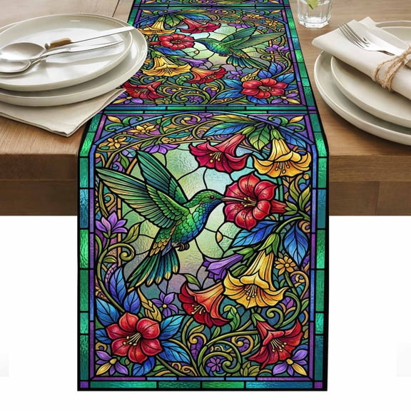 Purple Green Birds Table Runner Botanical Colorful Stained Glass Flowers Tablerunners 13 x 48 Inch, Table Decorations Tabletop Scarf for Summer Gathering Holiday Farmhouse Kitchen Dining Decor