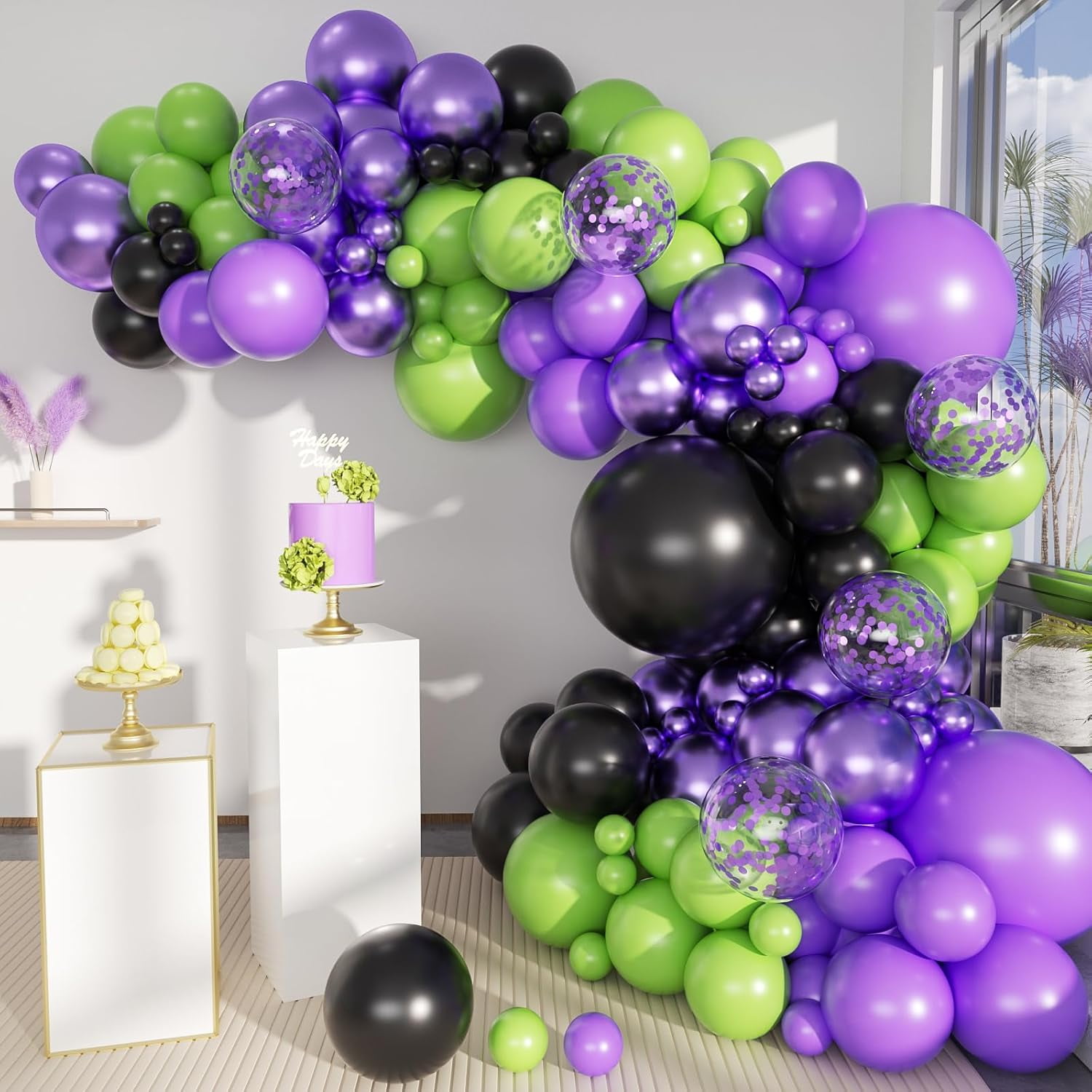 Purple Green Black Balloon Garland Arch Kit, 156 Matte Black Metallic Purple Lime Green Balloons for Wedding Anniversary Hero Birthday Video Game Graduation Racing Car Party Decoration