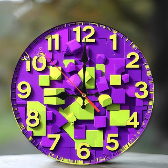 Purple Green Block Clock Wall Decor 10-Inch Silent Wooden Wall Clock, Battery Operated (AA Batteries Not Included), Artistic Home Decor
