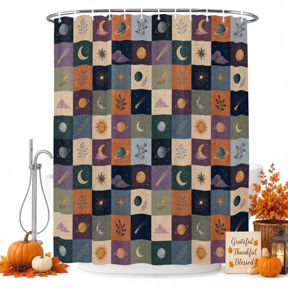 Purple Green Blue Plaid Shower Curtain, Waterproof Shower Curtains for Bathroom, Moon Floral Cat Checked Washable Fabric Bathtub Curtain Set Bath Decor with 12 Hooks Long 72"x84"