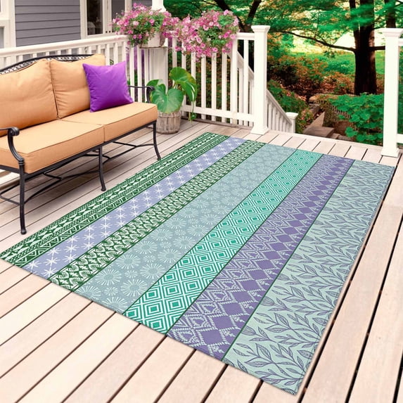 Purple Green Boho Outdoor Rug 4x6 Ft, Non Slip Washable Area Rug, Vintage Ethnic Tribe Abstract Art Patio Rugs Carpet Runner, Large Floor Mat for Indoor/Outdoor Deck Porch Camping