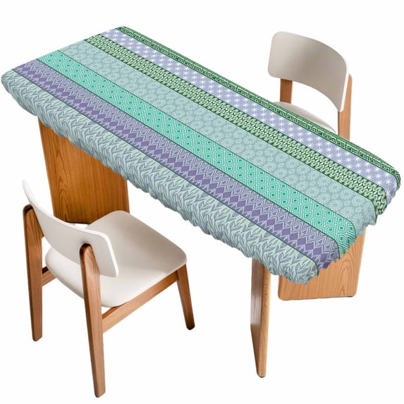 Purple Green Boho Table Cloths for 8 Foot Rectangle Tables, Vintage Ethnic Tribe Abstract Art Patio Waterproof Elastic Fitted Tablecloths, Washable Rectangular Table Cover for Camping