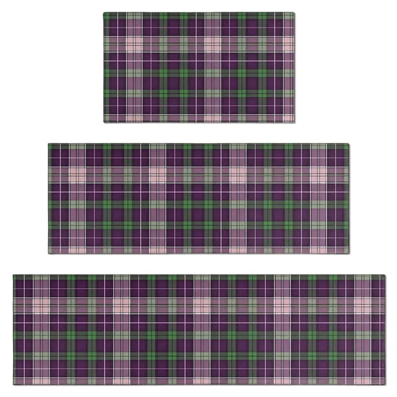 Purple and Green Checkered Pattern Kitchen Rugs Set Of 3, Non Slip Washable Kitchen Runner Rugs, Decorative Floor Mats for Sink Laundry and Home Use, 17"x30" + 17"x47" + 17"x59"