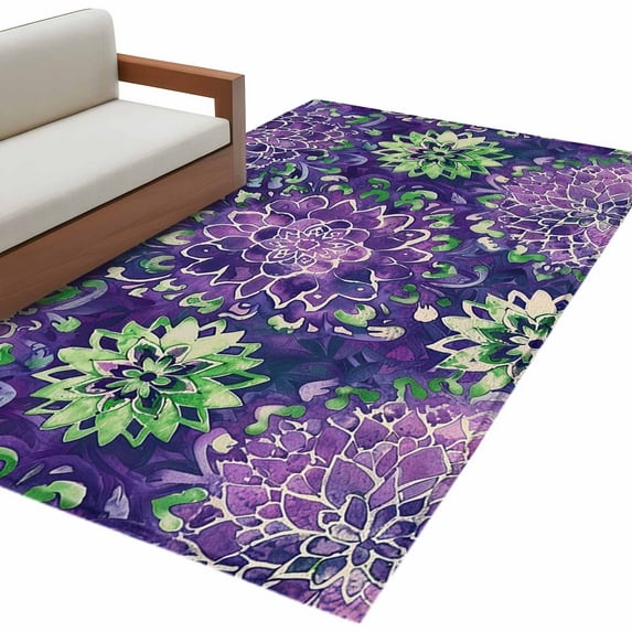 Purple Green Flowers Area Rug 3x5 FT, Non Slip Entryway Bedside Carpet, Watercolor Vintage Botanical Washable Soft Floor Carpet Indoor Mat Non-Shedding Throw Rug for Dorm Kitchen Home Office