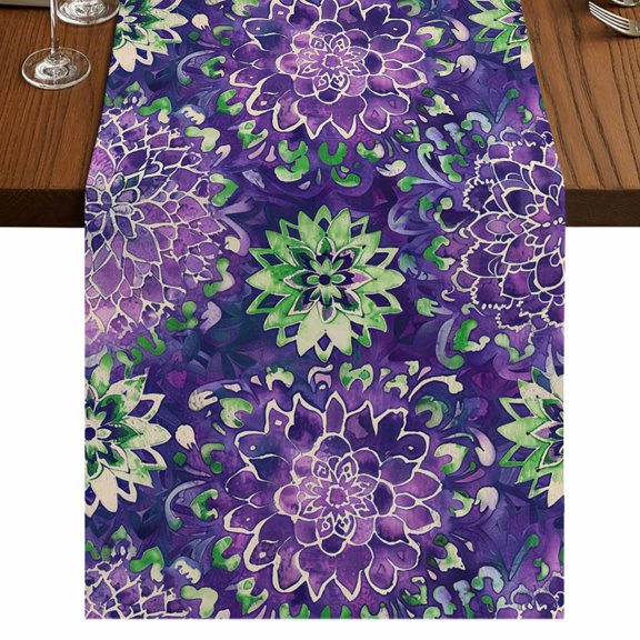 Purple Green Flowers Table Runner 36 Inches Long for Dining Tables, Watercolor Vintage Botanical Cotton Linen Table Runner Coffee Tablerunners Dresser for Kitchen Party Holiday Decorations 13"x36"