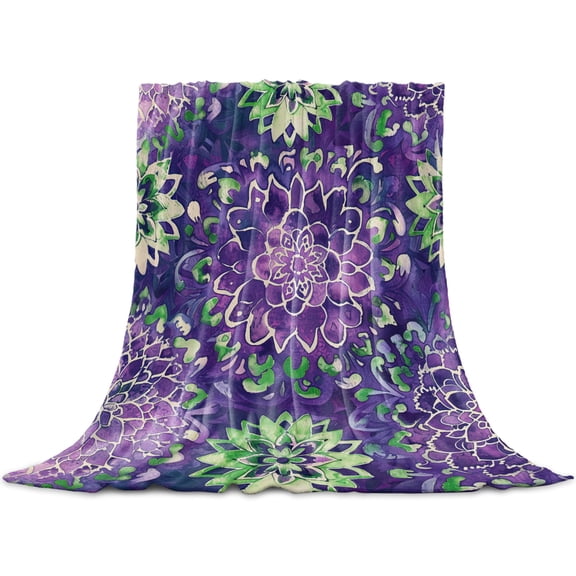 Purple Green Flowers Throw Blanket for Couch, Soft Lightweight Flannel Fleece Blanket, Watercolor Vintage Botanical Microfiber Plush All Season Decorative Blankets Gifts for Sofa Office Lap 30"x40"