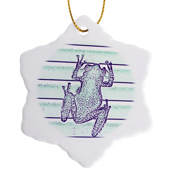 3drose, Purple Green Frog Design on Stripes, 3 inch Snowflake Porcelain Ornament