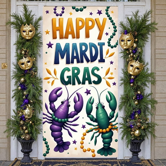 Purple Green Gold Mardi Gras Banner Festive Design Carnival Backdrop Crawfish Pattern Beaded Decoration Mardi Gras Party Display for Mardi Gras Party Carnival Celebration Festive Parade
