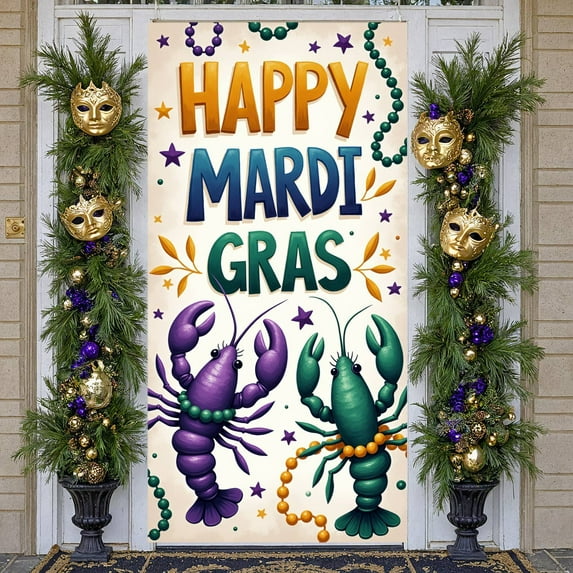 Purple Green Gold Mardi Gras Banner Festive Design Carnival Backdrop Crawfish Pattern Beaded Decoration Mardi Gras Party Display for Mardi Gras Party Carnival Celebration Festive Parade