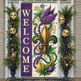 thumbnail image 1 of Purple Green Gold Mardi Gras Banner Fleur de Lis Pattern Welcome Display Beaded Decor Ornate Design Festive Backdrop for Mardi Gras Party Carnival Celebration Welcome Event, 1 of 9