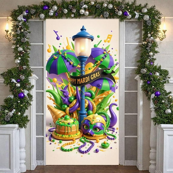 Purple Green Gold Mardi Gras Banner Masquerade Mask Mardi Gras Display Beaded Necklace Decorative Umbrella Mardi Gras Backdrop for Carnival Celebration Mardi Gras Party Parade Decoration