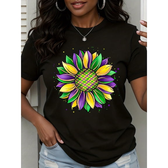 Purple Green Gold Mardi Gras Flower Design Women Short Sleeve Graphic Tee