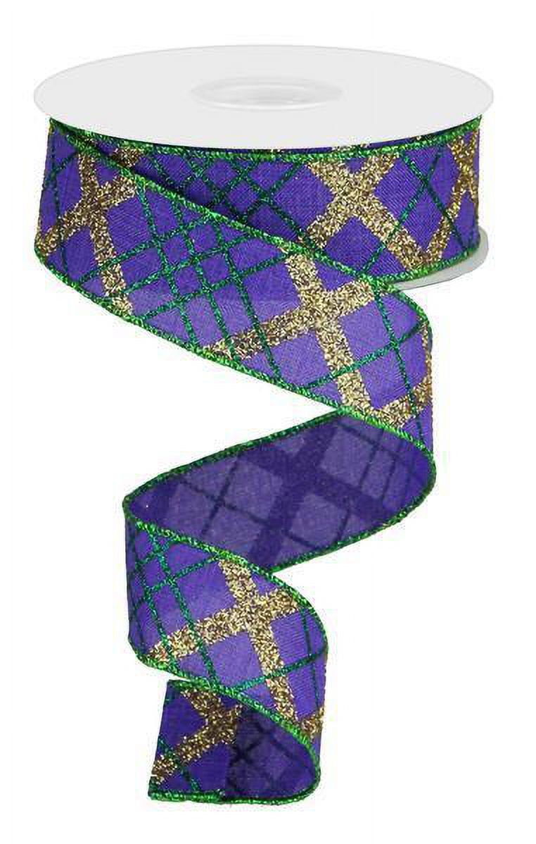 Purple/Green/Gold Mardi Gras Wired Ribbon Roll 1.5inx10yd -Festive Crafting and Wreath Decor Ribbon (RGA122223)