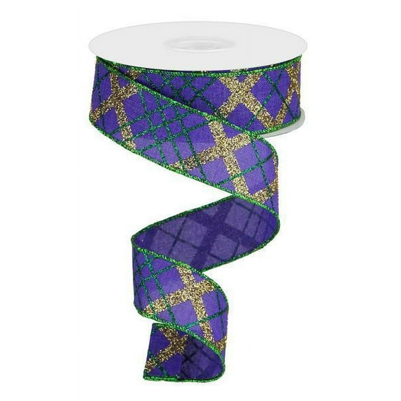 Purple/Green/Gold Mardi Gras Wired Ribbon Roll 1.5inx10yd -Festive Crafting and Wreath Decor Ribbon (RGA122223)