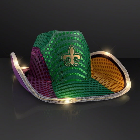 Purple, Green & Gold Sequin Mardi Gras Light Up Cowboy Hat with White LED Brim