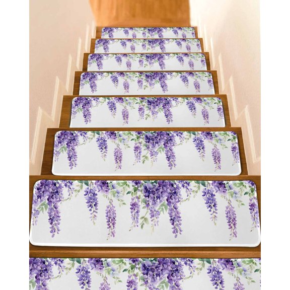 Purple Green Leaf Stair Treads for Wooden Steps Indoor Runner Rug Carpet, Spring Watercolor Botanical Flower 4 Pieces Peel and Stick Staircase Step Treads Covers Washable Throw Door Mats, 30"x8"