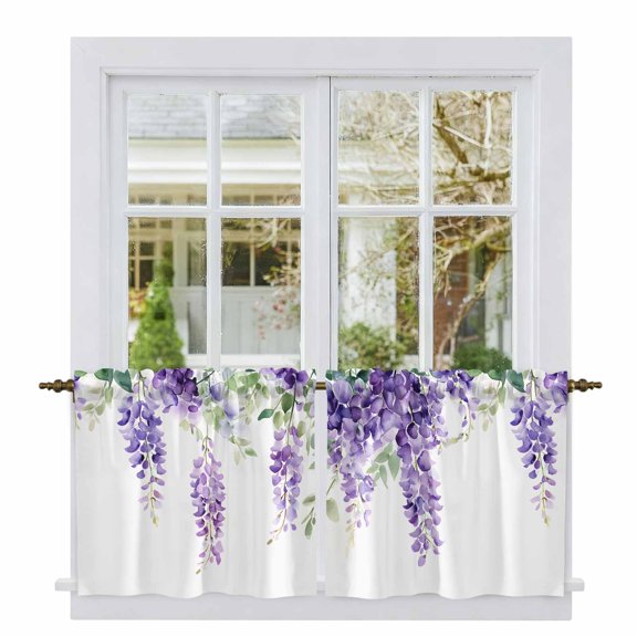 Purple Green Leaf Tier Curtains, Spring Watercolor Botanical Flower Light Filtering Kitchen Curtains, 2Pcs Rod Pocket Half Window Treatments Panels for Sink Cafe Cabinet Camper 27.5x24 Inches
