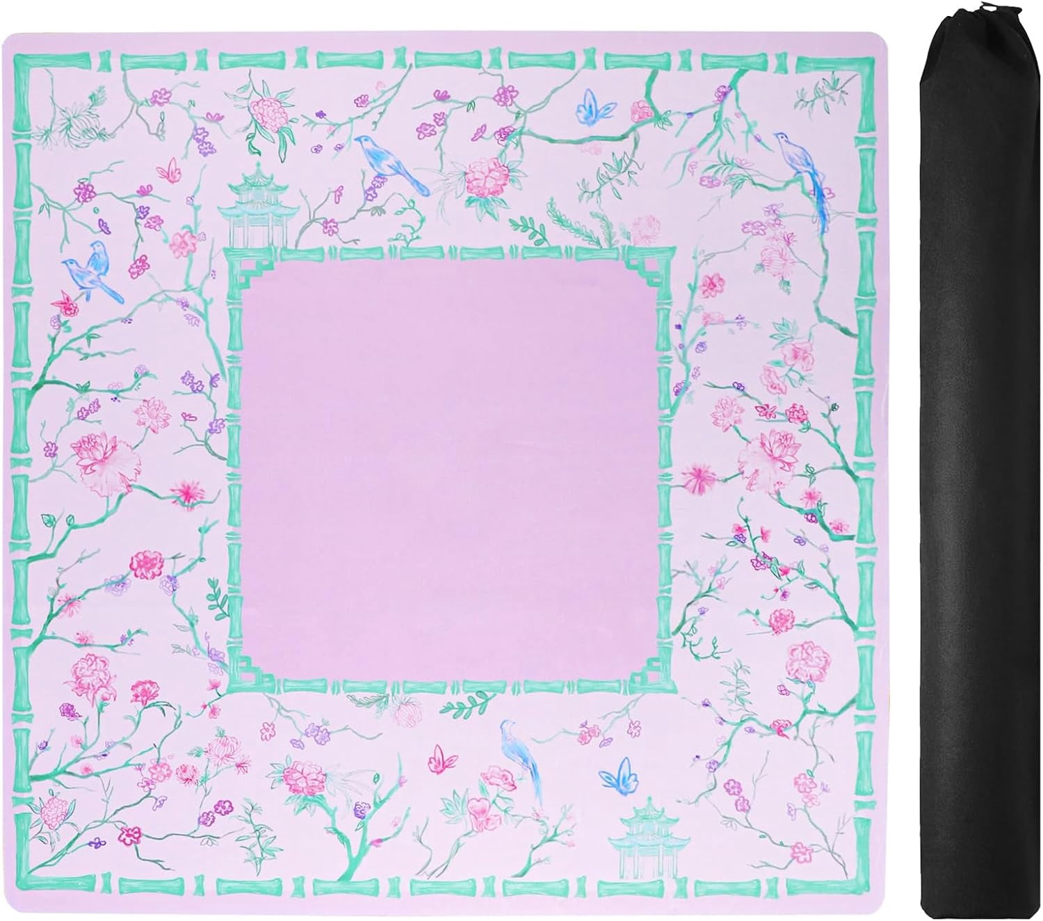 Purple and Green Mahjong Mat (31.5” x 31.5”) with Black Carrying Bag, Anti-Slip, Noise-Reducing Table Cover for Mahjong, Poker, Board Games, Dominoes, and Card Games