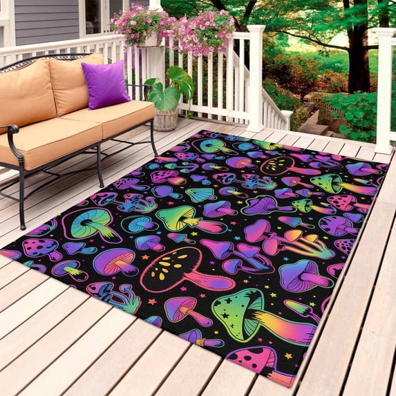 Purple Green Mushroom Outdoor Rug for Patio/Deck/Porch, Non-Slip Large Area Rug 5 x 7 Ft, Abstract Art Botanical Gradient Indoor Outdoor Rugs Washable Area Rugs, Reversible Camping Rug Carpet Runner