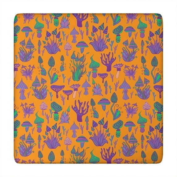 Purple Green Mushroom Plant Orange Pattern Square Fitted Tablecloth with Elastic Edge,Square Table Cover,Washable Elastic Table Cover for Home Kitchen Party Decor 34"x34"