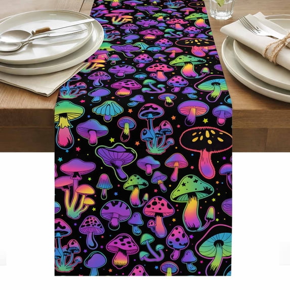Purple Green Mushroom Table Runner - 70 Inch Long, Kitchen Dining Table Runner Dresser Scarves, Abstract Art Botanical Gradient Farmhouse Decor for Coffee Tables Wedding Party Banquet