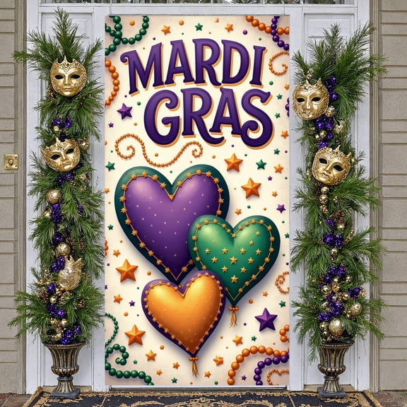 Purple Green Orange Theme Mardi Gras Banner Heart Shaped Design Carnival Display Star Pattern Beaded Necklace Decor Festive Backdrop for Carnival Parties Mardi Gras Celebrations Festive Parades