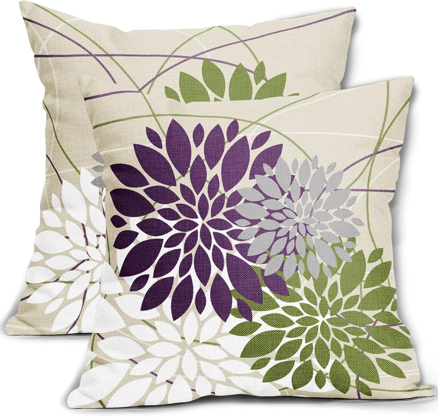 Purple Green Pillow Covers 18x18 Inch Dahlia Flower White Gray Elegant Colored Throw Pillows Farmhouse Outdoor Decor for Home Living Room Sofa Bed Modern Floral Linen Square Cushion Case Set of 2