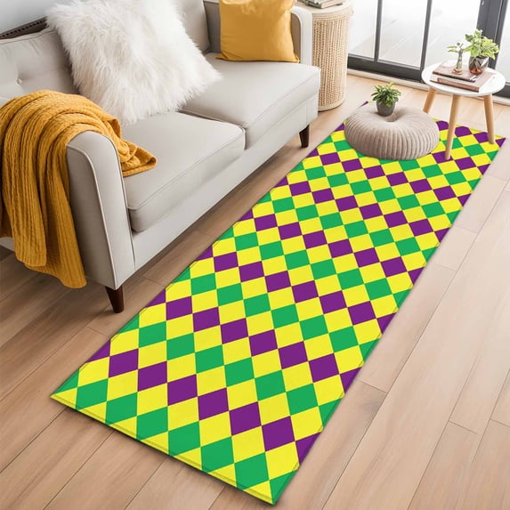 Purple Green Plaid Washable Runner Rugs 2'x6', Simple Purple Green Yellow Diamond Low Pile Throw Entryway Rug Non-Slip Sturdy Edge Binding Carpet for Indoor Bedside Entrance Bedside