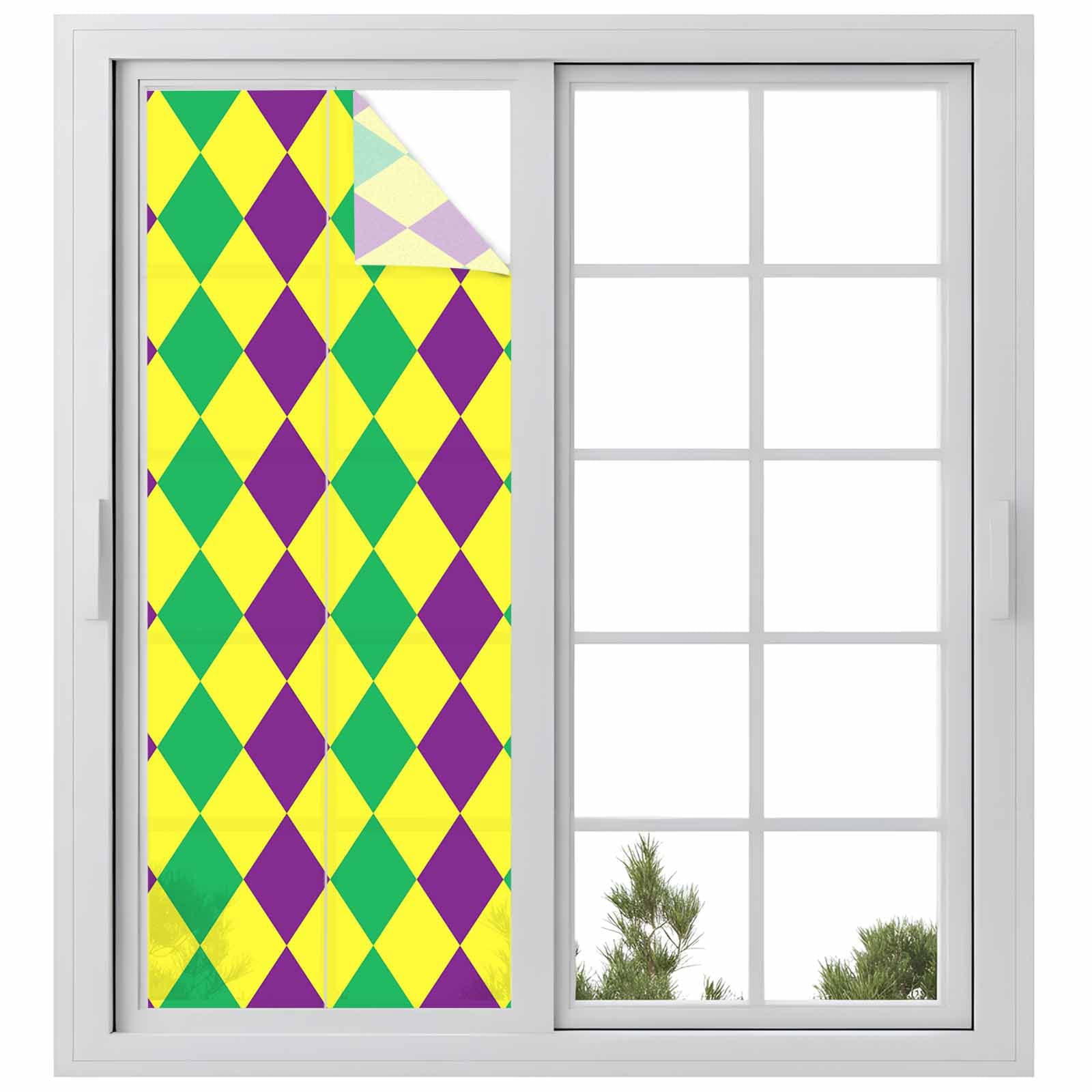 Purple Green Plaid Window Privacy Film, Simple Purple Green Yellow Diamond Frosted Glass Window Clings Static Cling UV Heat Blocking Reusable Door Sticker for Bathroom 23.6 x 59 Inch