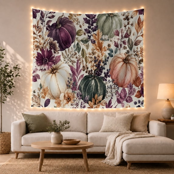 Purple Green Pumpkins with Flowers, Cozy Watercolor Style for Harvest Decor Lovers, Harvest Wall Art, Thanksgiving Hostess Gift, Tapestry Wall Hanging for Kitchen and Living Room