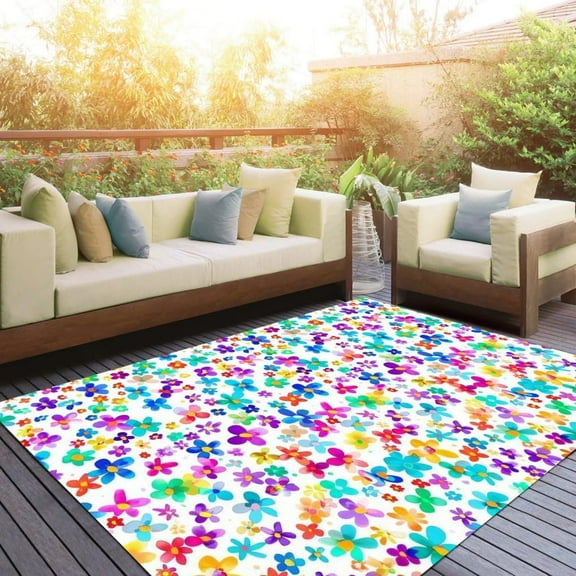 Purple Green Red Small Floral Print Patterns Waterproof Area Rug For Porch Patio RV Pool Washable Non Skid Outside Carpet Vibrant Flower Deco Floor Mat In Balcony Front Yard 1x2ft