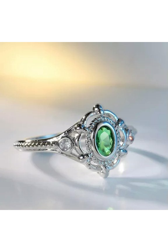 Purple/Green/Rose Red AAA Cz Oval Cut Bands Women's Retro Silver Ring Size 6-10