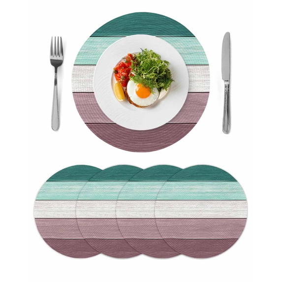Purple Green Wood Grain Round Placemats Set of 4 for Dinning Tables,Heat-proof Braided Table Mats 13 Inch,Rustic Retro Wooden Plank Washable Place Mat for Kitchen Restaurant Party Decor Table Setting