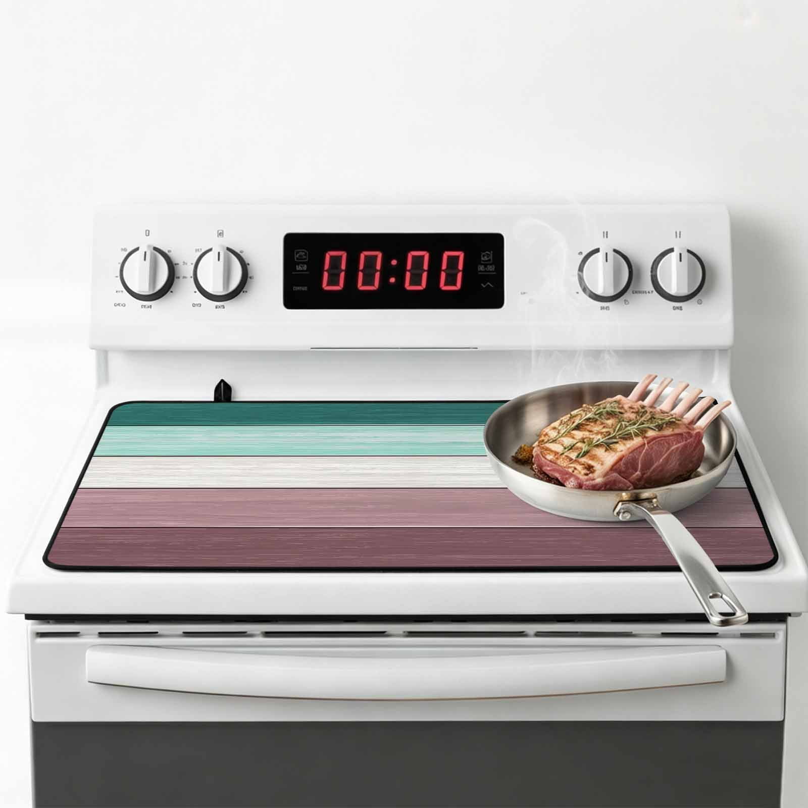 Purple Green Wood Grain Stove Top Cover for Electric Stove, Heat-proof & Non Slip Glass Top Stove Cover Protector, Rustic Retro Wooden Plank Kitchen Flat Cooktop Rubber Mat 36x21 Inches