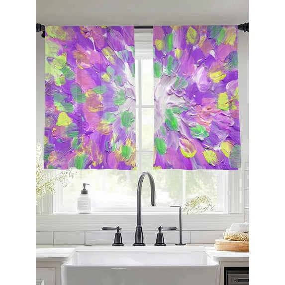 Purple Green Yellow Sheer Curtains 45 inches Long 2 Panels Set Abstract Modern Tiers Sheers Rod Pocket Small Window Short Curtains for Kitchen Cafe, Each 52" W x 45" L