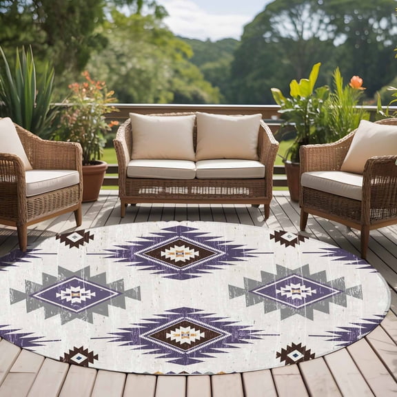 Purple Grey 6ft Round Rug for Living Room Under Coffee Table, Aztec Ethnic Southwestern Native Geometric Low Pile Washable Non Slip Circle Area Rug
