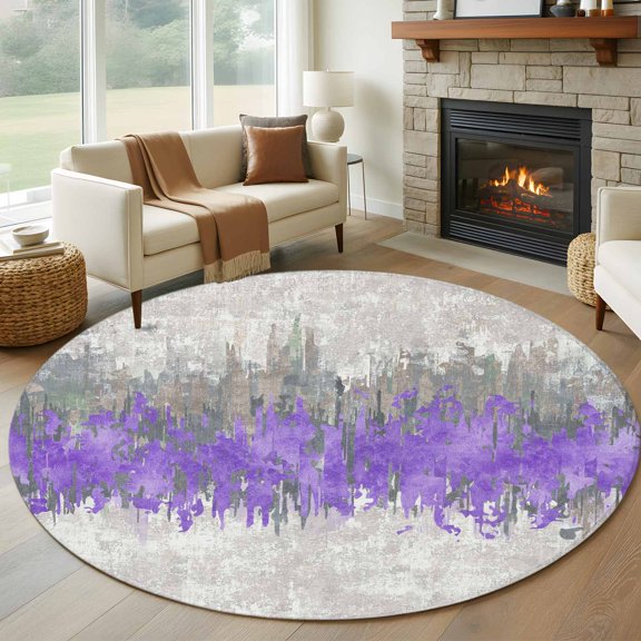 Purple Grey Abstract 6ft Round Rugs, Gradient Geometric Graffiti Modern Art Washable Non-Slip Area Rugs for Living Room Bedroom Kitchen, Low Pile Dining Room Kicthen Circle Carpet, Indoor Floor Rug