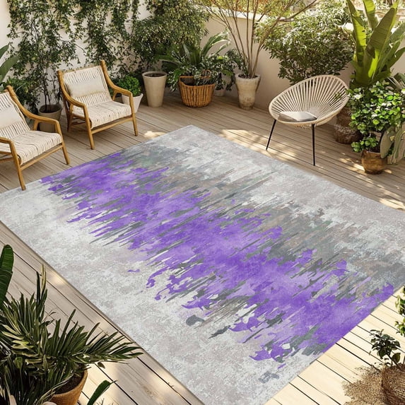 Purple Grey Abstract Outdoor Rug for Patio/Deck/Porch, Non-Slip Large Area Rug 3 x 5 Ft, Gradient Geometric Graffiti Modern Art Indoor Outdoor Rugs Washable Area Rugs, Camping Rug Carpet Runner
