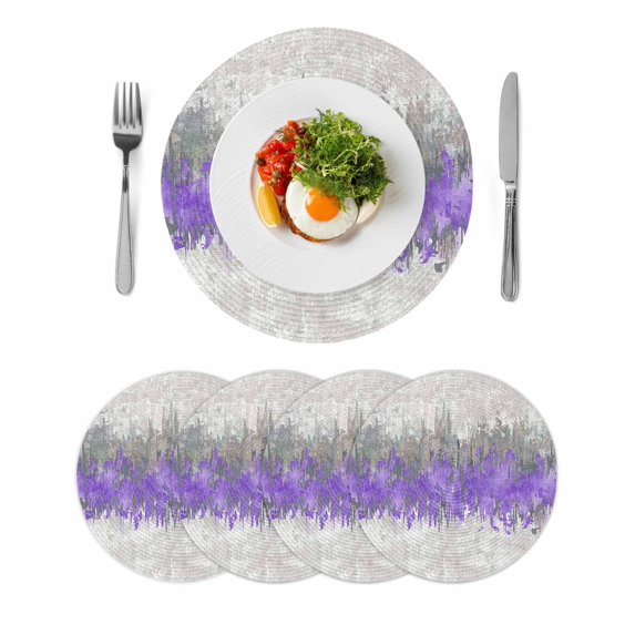 Purple Grey Abstract Round 15 Inch Placemats Set of 4, Gradient Geometric Graffiti Modern Art HeatResistant Non Slip Place Mats for Dining Table, Wipeable Braided Kitchen Table Mats for Housewarming